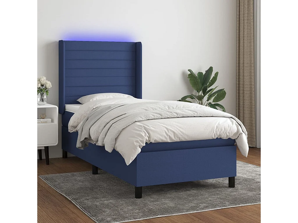 Sommier à lattes de lit matelas et LED Bleu 90x200 cm Tissu