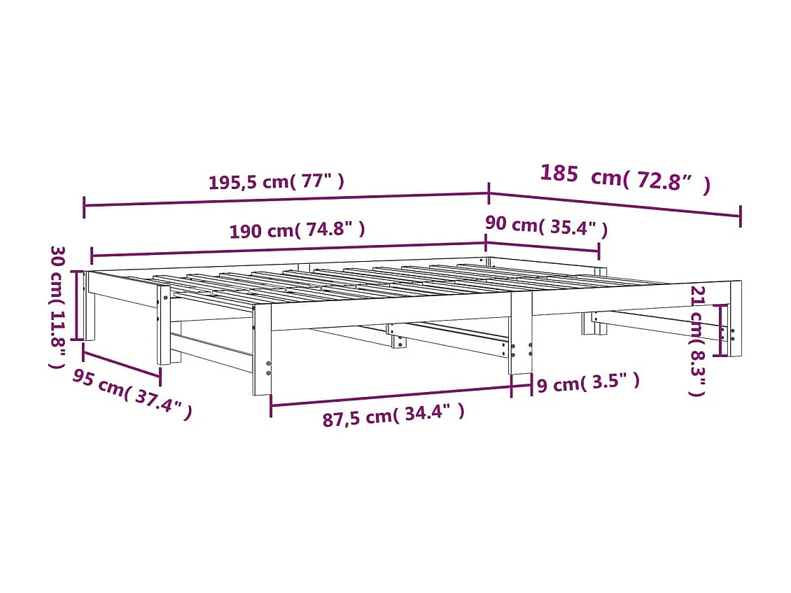 Slaapbank met onderschuifbed 90x190 cm massief grenenhout
