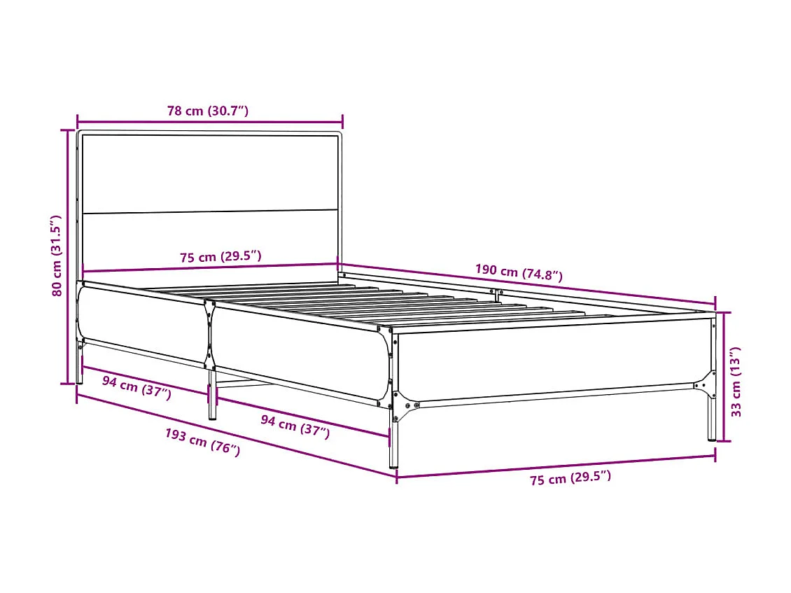 Cadre de lit sans matelas noir 75x190 cm