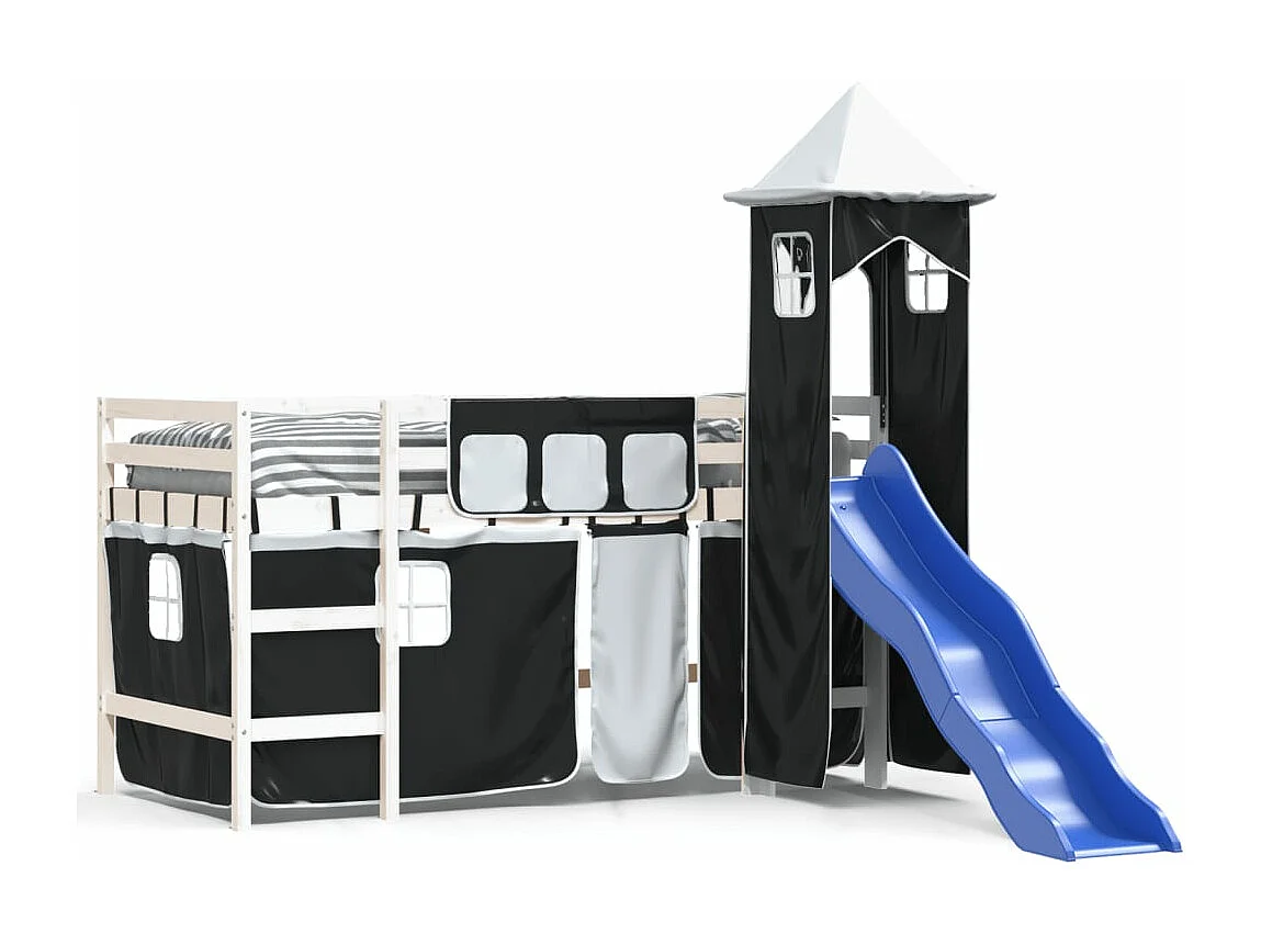Kinderhochbett mit Turm Weiß & Schwarz 80x200 cm Kiefernholz