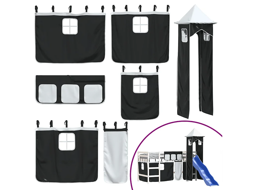 Kinderhochbett mit Turm Weiß & Schwarz 80x200 cm Kiefernholz