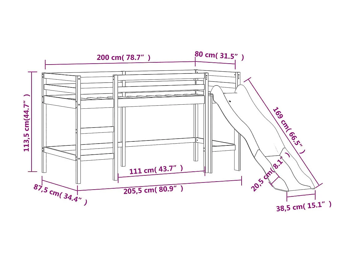 Lit mezzanine enfants et tour sans matelas blanc noir 80x200cm