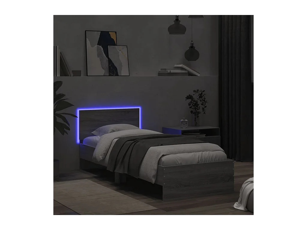 Bettgestell mit Kopfteil und LED-Leuchten Grau Sonoma 90x190 cm