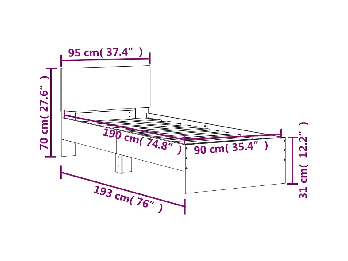 Bettgestell mit Kopfteil und LED-Leuchten Grau Sonoma 90x190 cm