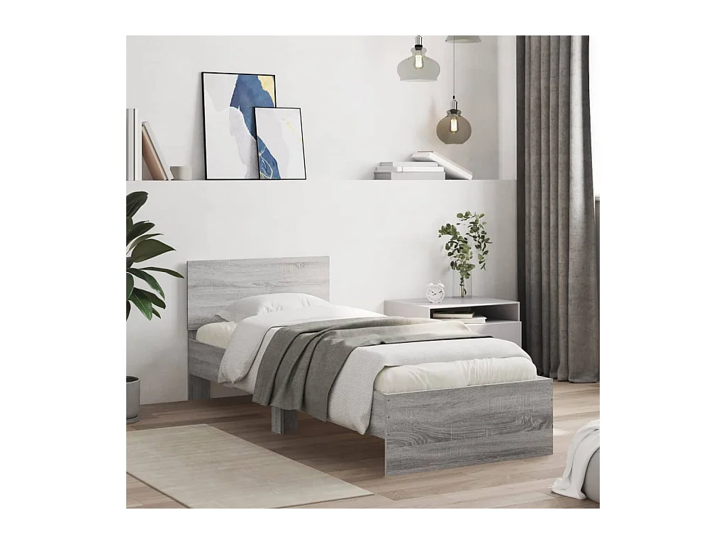 Bettgestell mit Kopfteil und LED-Leuchten Grau Sonoma 90x190 cm