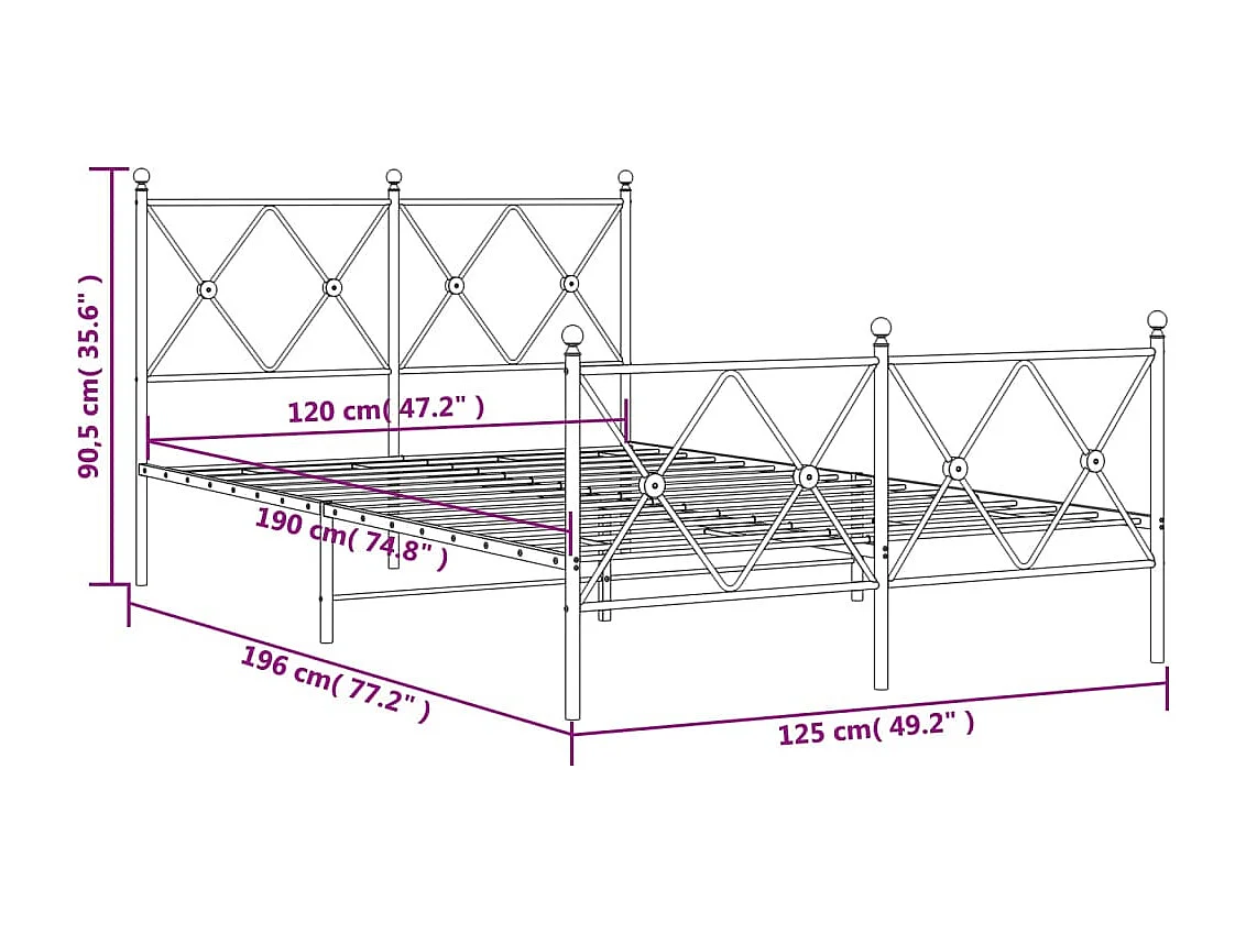 Cadre de lit métal sans matelas avec pied de lit noir 120x190cm