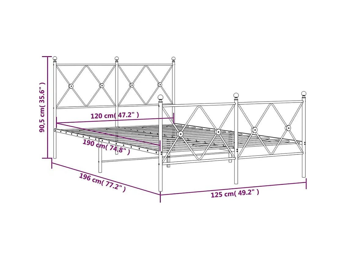 Cadre de lit métal sans matelas avec pied de lit noir 120x190cm