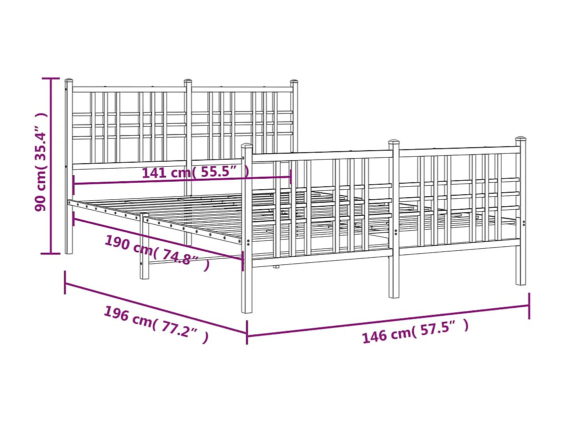 Cadre de lit métal sans matelas avec pied de lit noir 140x190cm