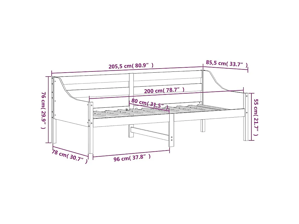 Dormeuse senza Materasso 80x200 cm in Legno Massello di Pino