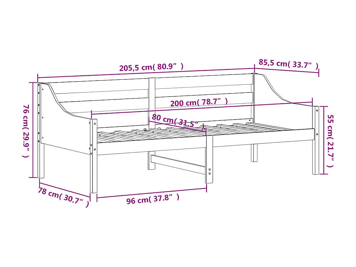 Dormeuse senza Materasso 80x200 cm in Legno Massello di Pino
