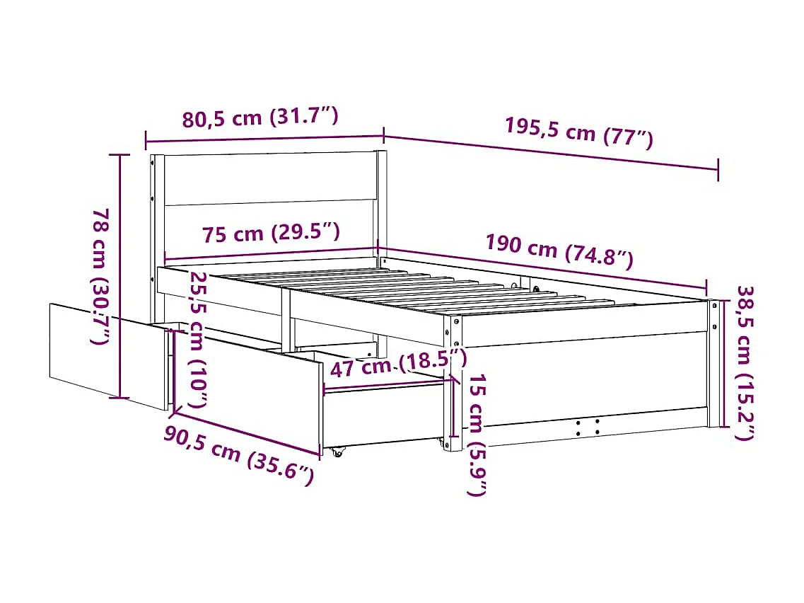 Bedframe zonder matras massief grenenhout 75x190 cm