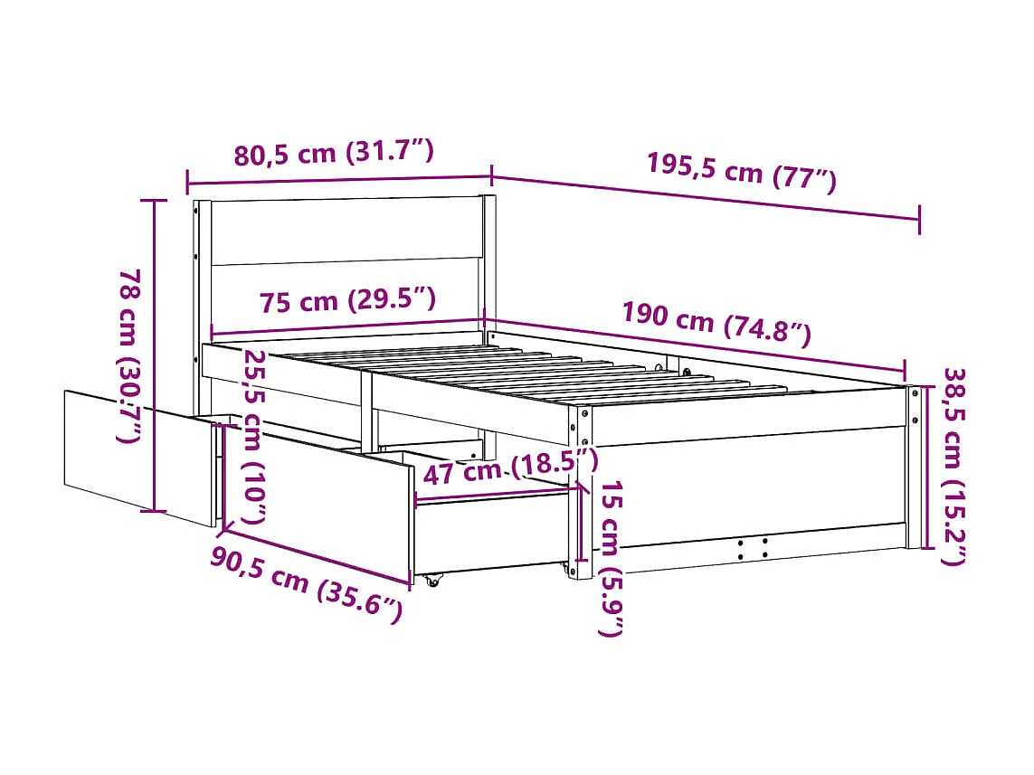 Bedframe zonder matras massief grenenhout 75x190 cm