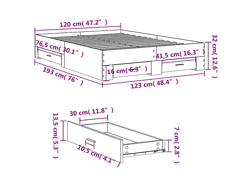 Bedframe met lades bewerkt hout wit 120x190 cm