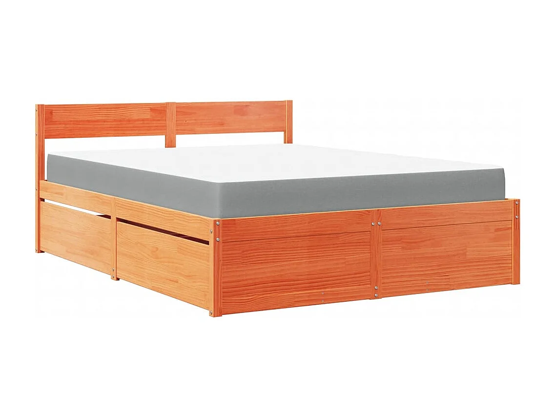 Letto Cassetti e Materasso Marrone Cera 140x200cm Massello Pino