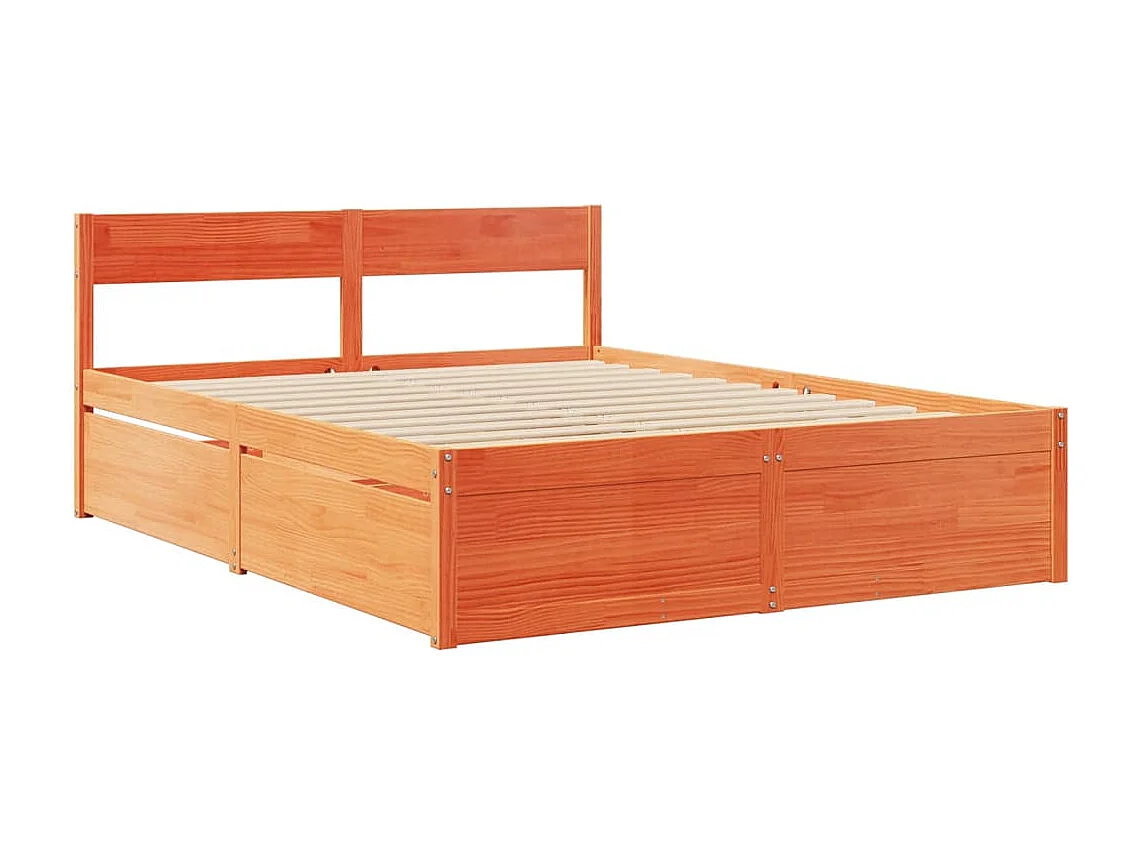 Letto Cassetti e Materasso Marrone Cera 140x200cm Massello Pino