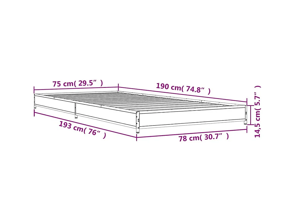 Bettgestell Räuchereiche 75x190 cm Holzwerkstoff und Metall