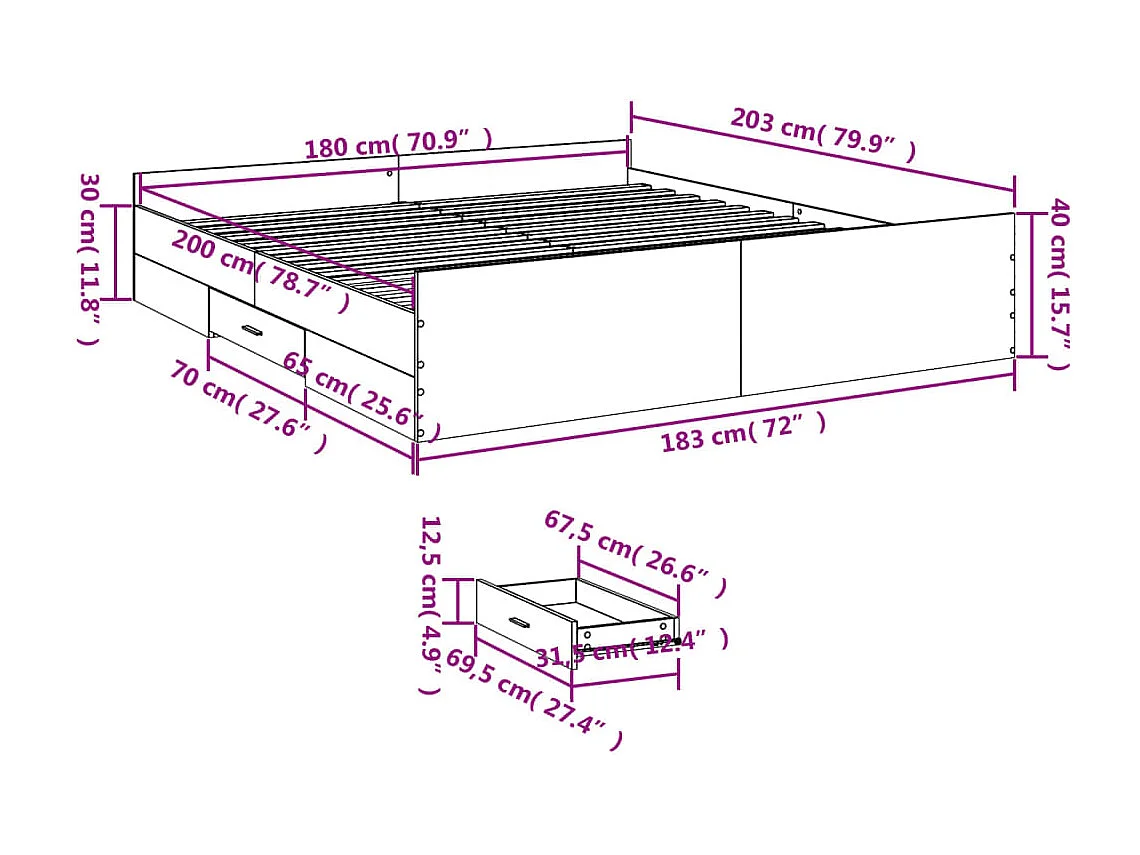 Cama con cajones madera ingeniería gris hormigón 180x200 cm