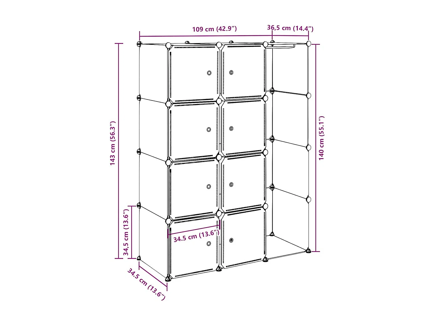 Armário plástico modular 9 gavetas 109x36,5x143 cm preto branco