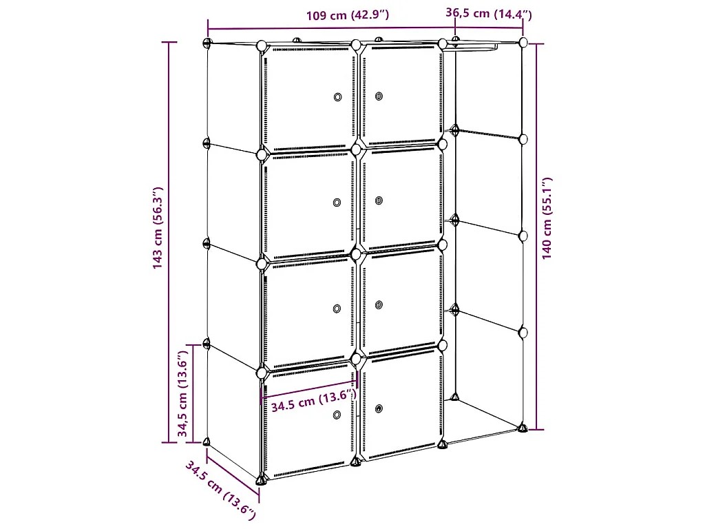 Armoire modulaire 9 compartiments noir et blanc 109x36,5x143 cm