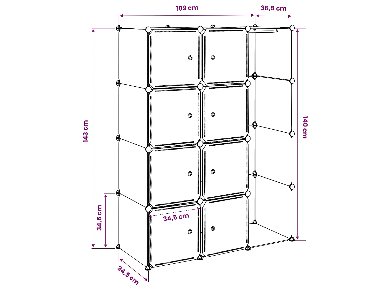 Armário plástico modular 9 gavetas 109x36,5x143 cm preto branco