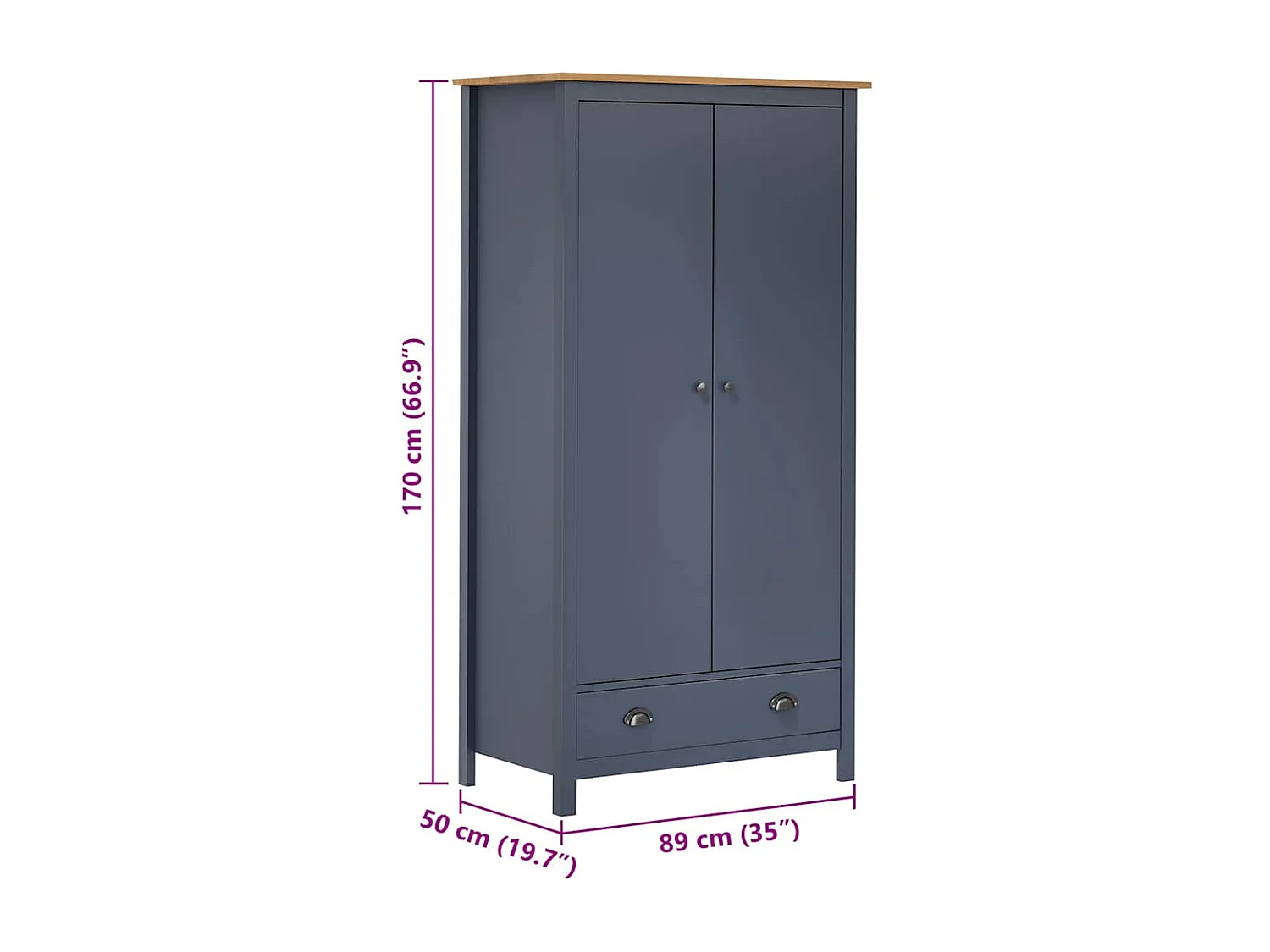 Armadio a 2 Ante Hill Grigio 89x50x170 cm in Legno di Pino