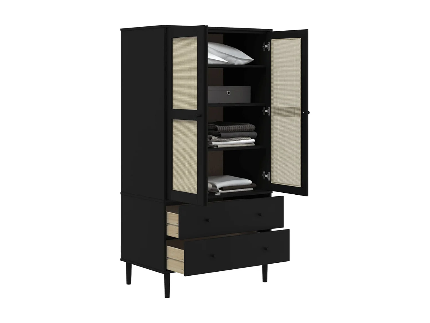 Garde-robe SENJA aspect rotin noir 90x55x175 cm bois massif pin