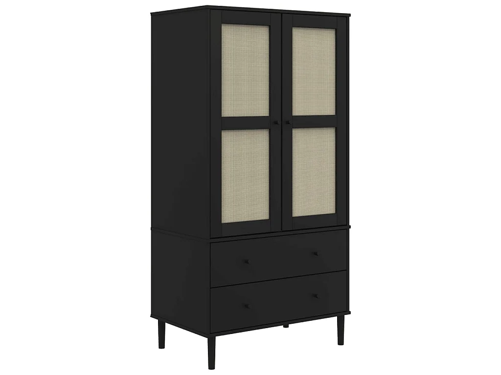 Roupeiro SENJA aspeto de vime 90x55x175 cm pinho maciço preto