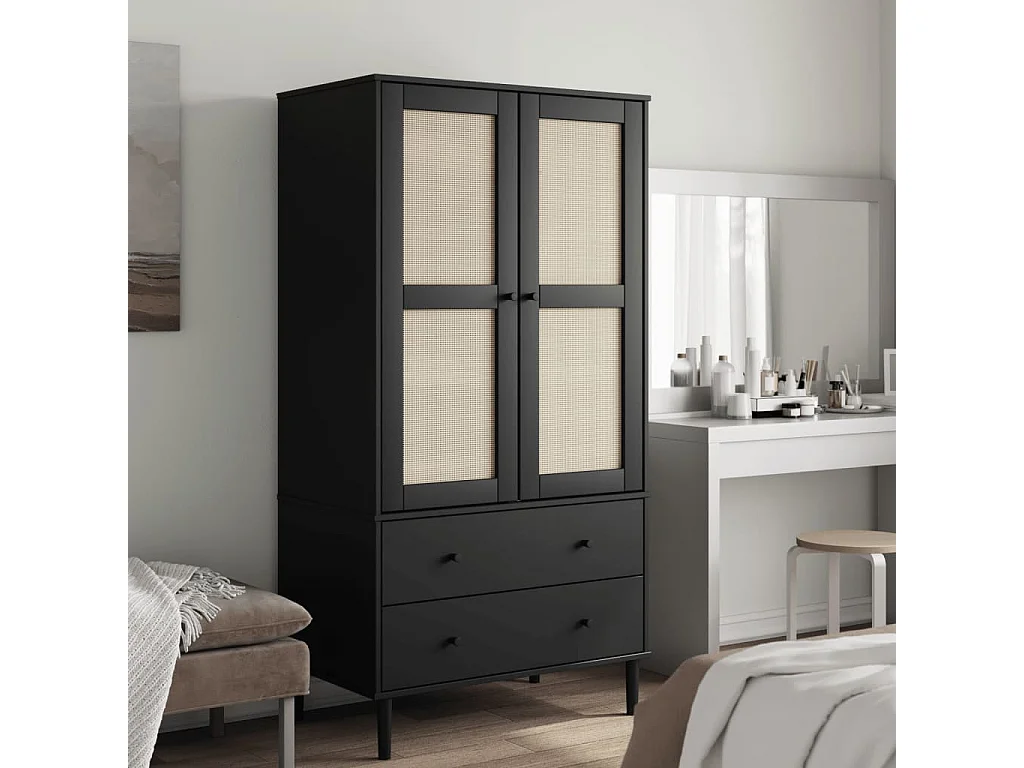 Roupeiro SENJA aspeto de vime 90x55x175 cm pinho maciço preto
