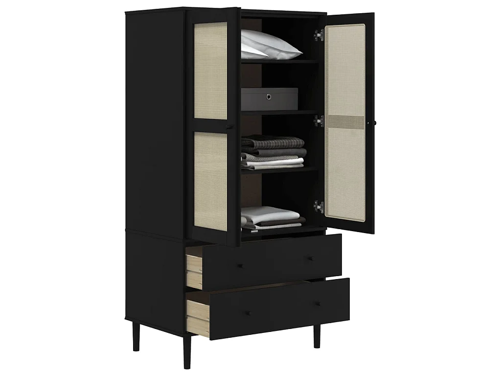 Roupeiro SENJA aspeto de vime 90x55x175 cm pinho maciço preto