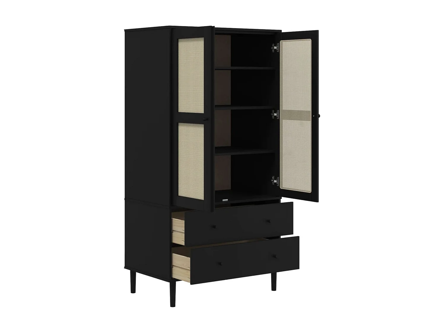 Roupeiro SENJA aspeto de vime 90x55x175 cm pinho maciço preto