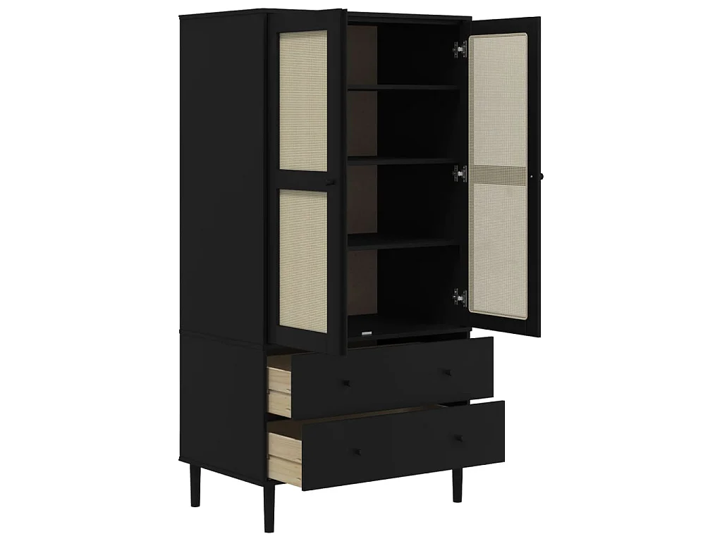 Garde-robe SENJA aspect rotin noir 90x55x175 cm bois massif pin