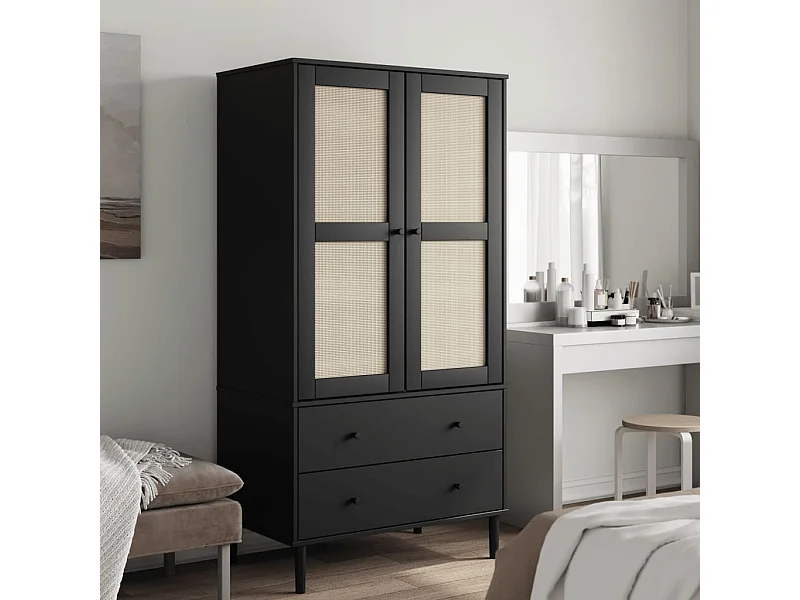 Garde-robe SENJA aspect rotin noir 90x55x175 cm bois massif pin