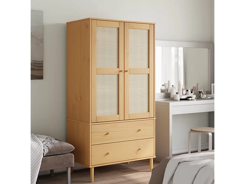 Kleiderschrank SENJA Rattan-Optik Braun 90x55x175cm Kiefernholz