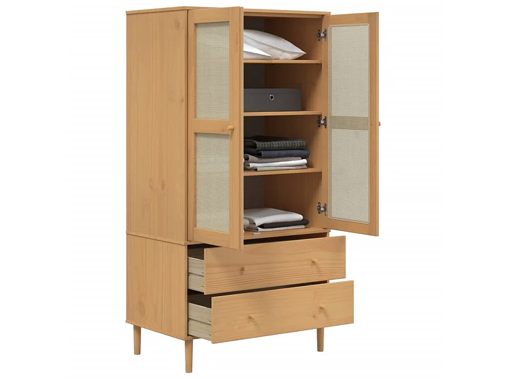 Kleiderschrank SENJA Rattan-Optik Braun 90x55x175cm Kiefernholz