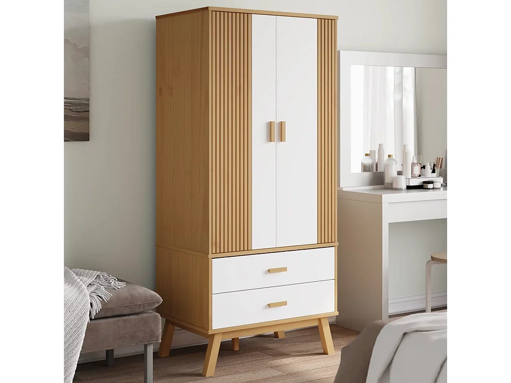 Armadio OLDEN Bianco e Marrone 76,5x53x172 cm Massello di Pino