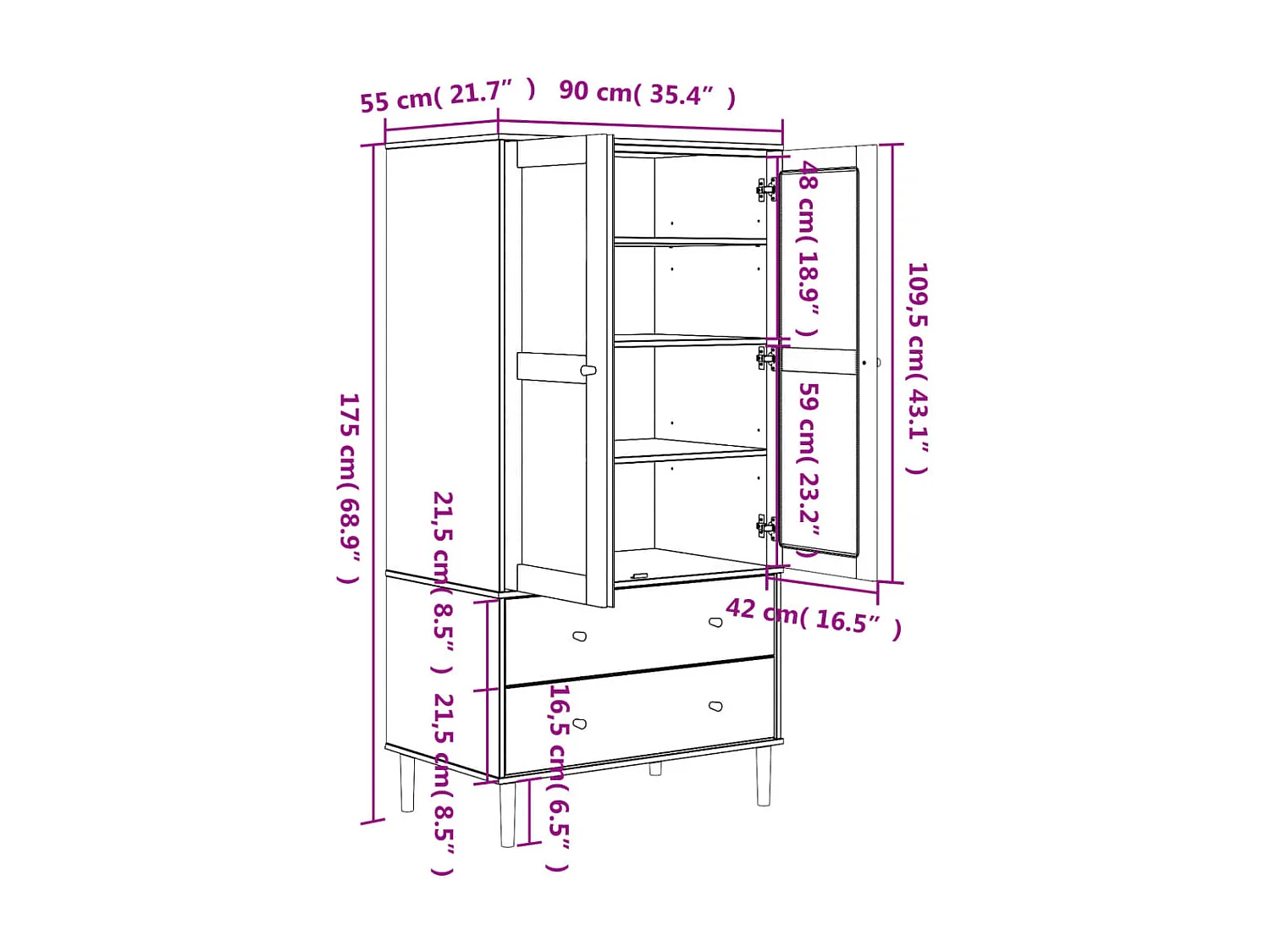 Garde-robe SENJA aspect rotin blanc 90x55x175cm bois massif pin
