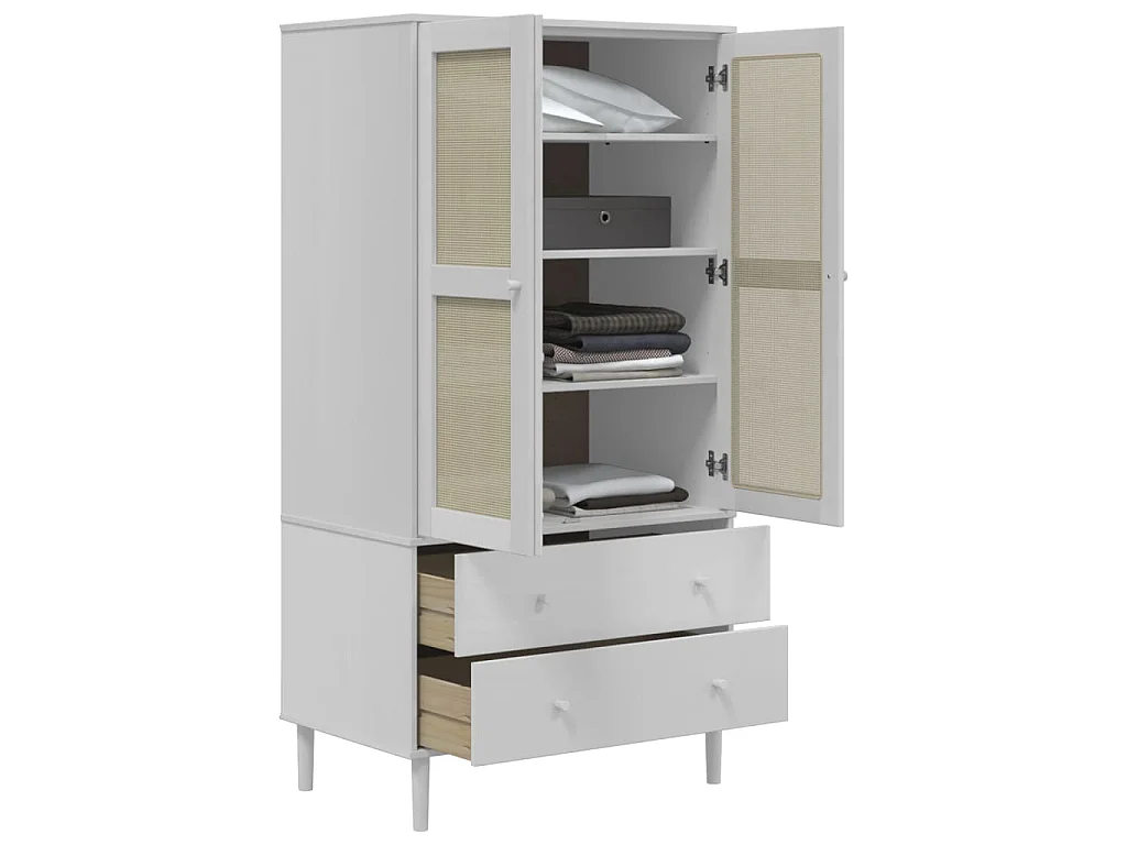 Garde-robe SENJA aspect rotin blanc 90x55x175cm bois massif pin