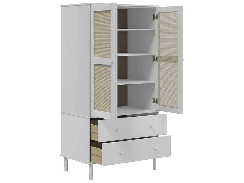 Garde-robe SENJA aspect rotin blanc 90x55x175cm bois massif pin