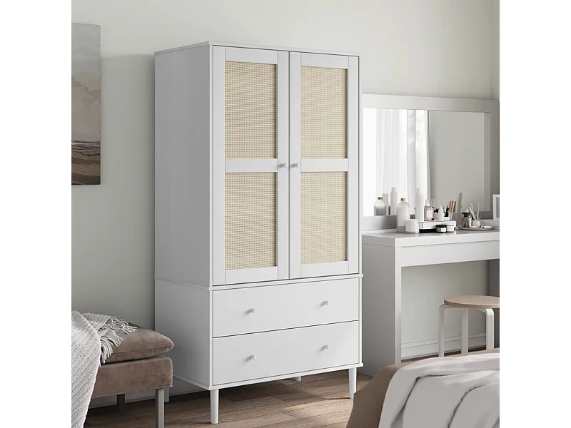 Garde-robe SENJA aspect rotin blanc 90x55x175cm bois massif pin