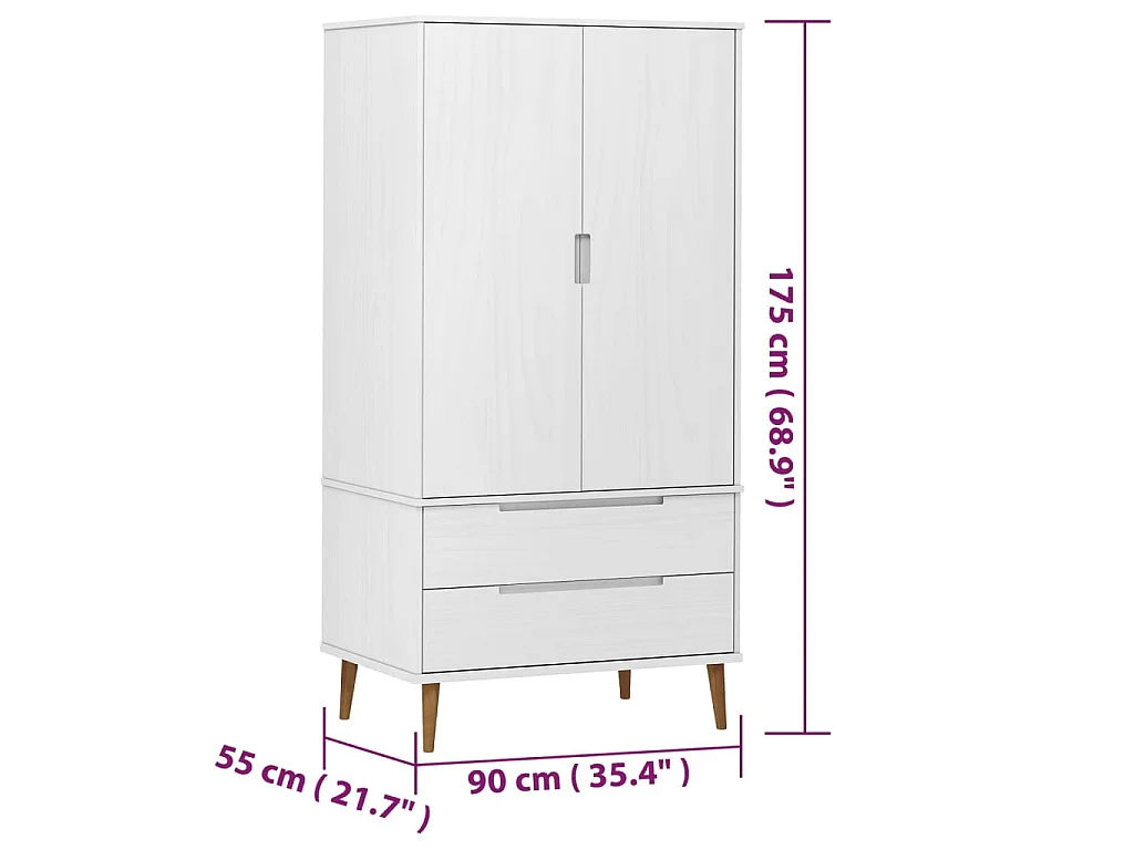 Kleiderschrank MOLDE Weiß 90x55x175 cm Massivholz Kiefer