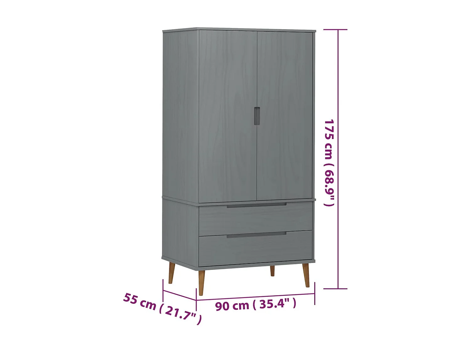 Garde-robe MOLDE Gris 90x55x175 cm Bois massif de pin