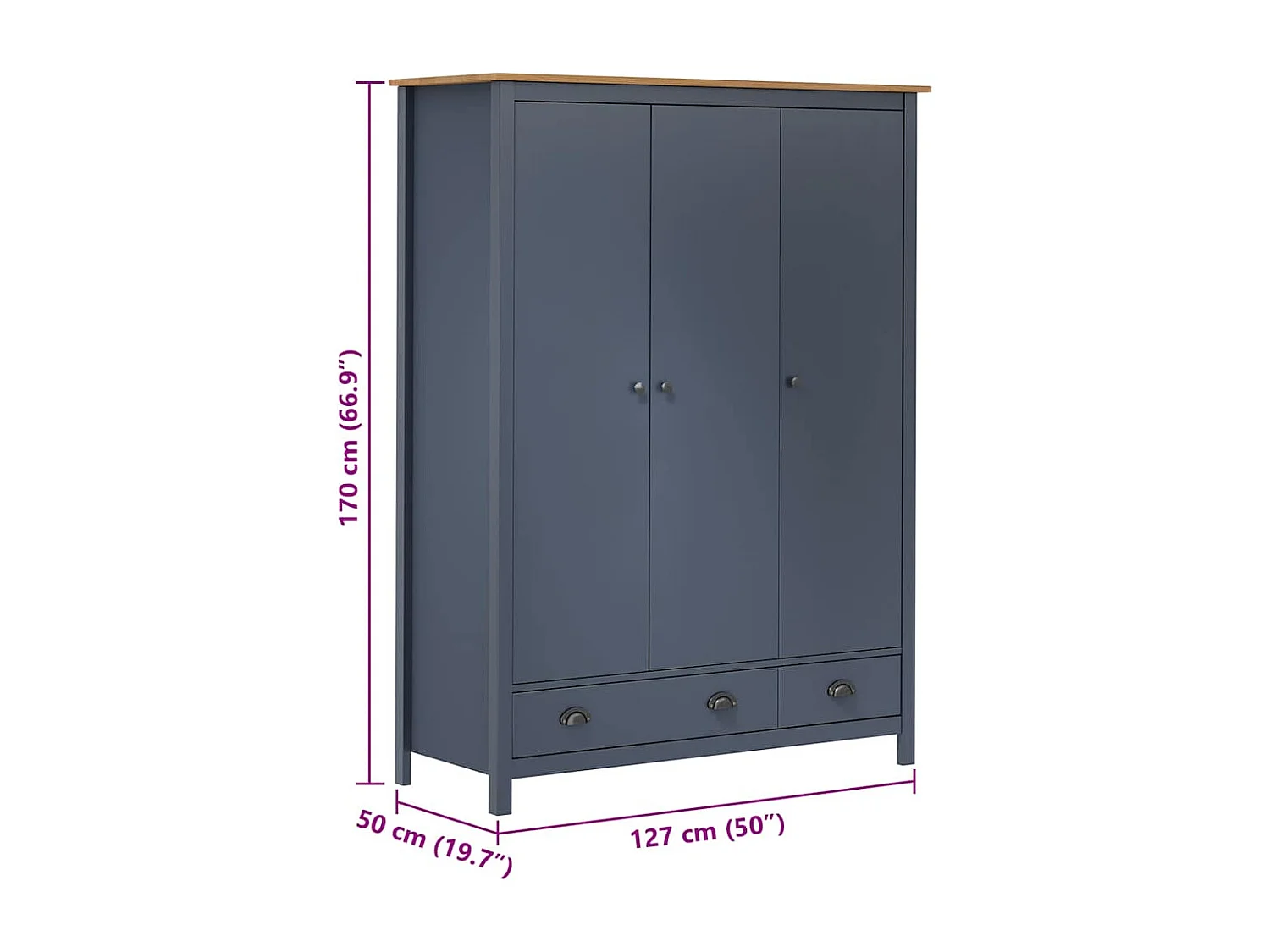Kleiderschrank mit 3 Türen Hill Grau 127x50x170 cm Kiefernholz