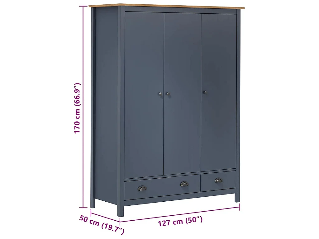 Garde-robe à 3 portes Hill Gris 127x50x170 cm Pin solide