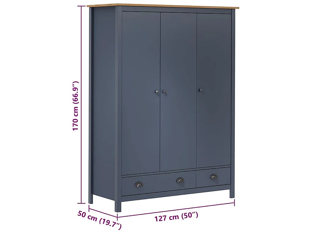 Garde-robe à 3 portes Hill Gris 127x50x170 cm Pin solide