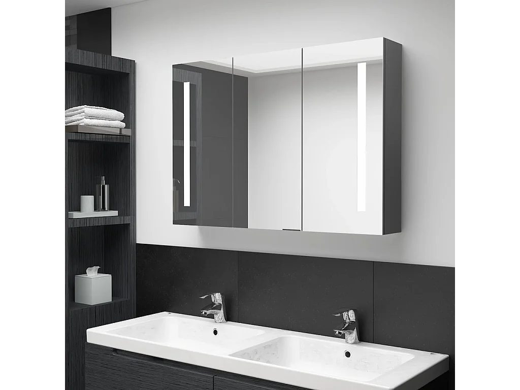 Armadietto Bagno con Specchio e LED 89x14x62 cm Grigio