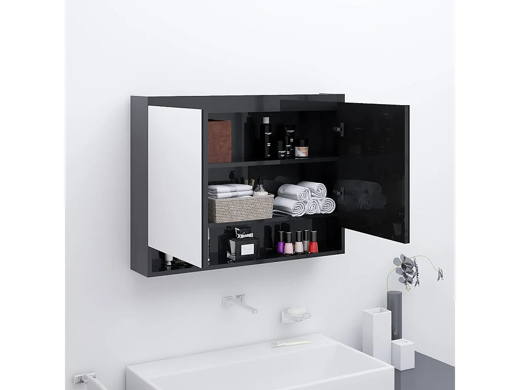 Armadietto Bagno con Specchio 80x15x60 cm in MDF Nero Lucido