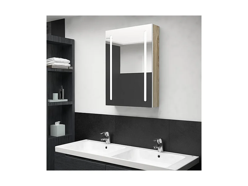 LED-Bad-Spiegelschrank Weiß und Eichen-Optik 50x13x70 cm