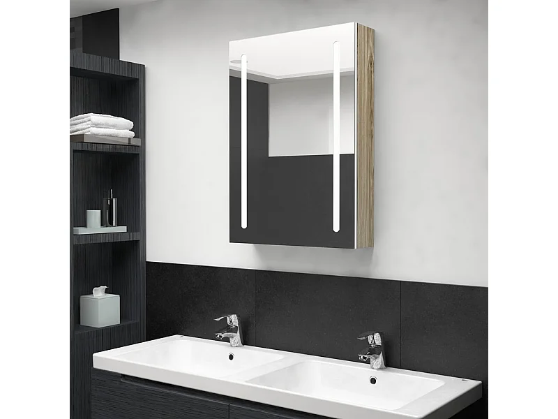 Armoire de salle de bain à miroir LED blanc et chêne 50x13x70cm