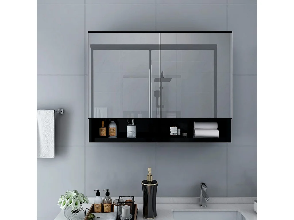Armadietto a Specchio con LED Nero 80x15x60 cm in MDF
