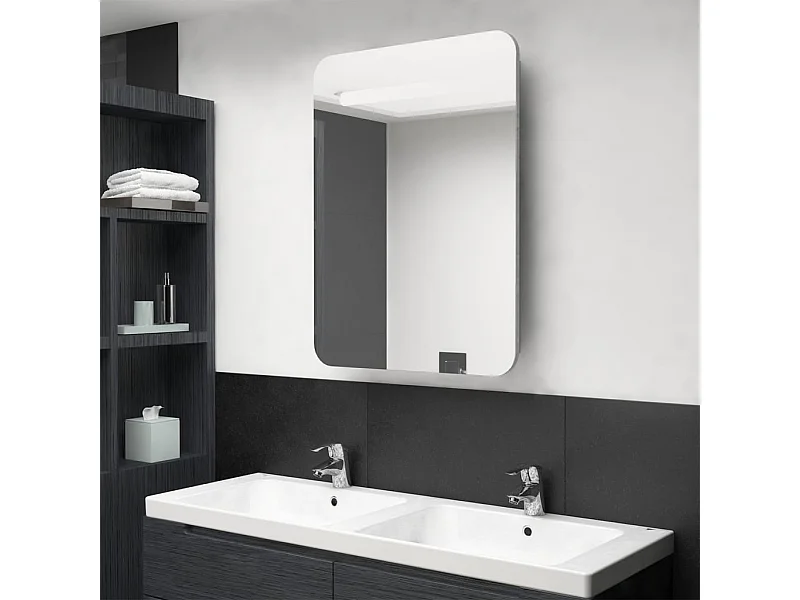 Armoire de salle de bain à miroir LED gris béton 60x11x80 cm